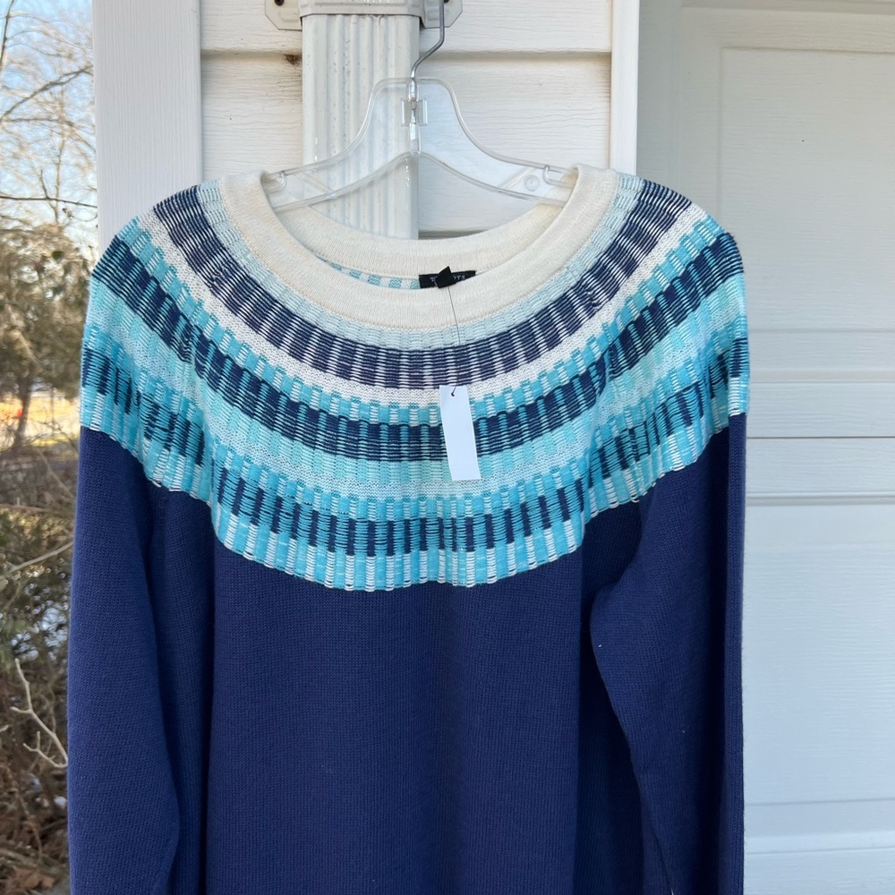 NWT Talbots Gorgeous Blues Green Cream Woven Fair Isle Sweater - Picture 2 of 6